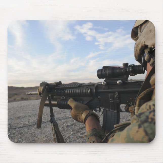A soldier sights in to fire on a target mouse pad (Front)