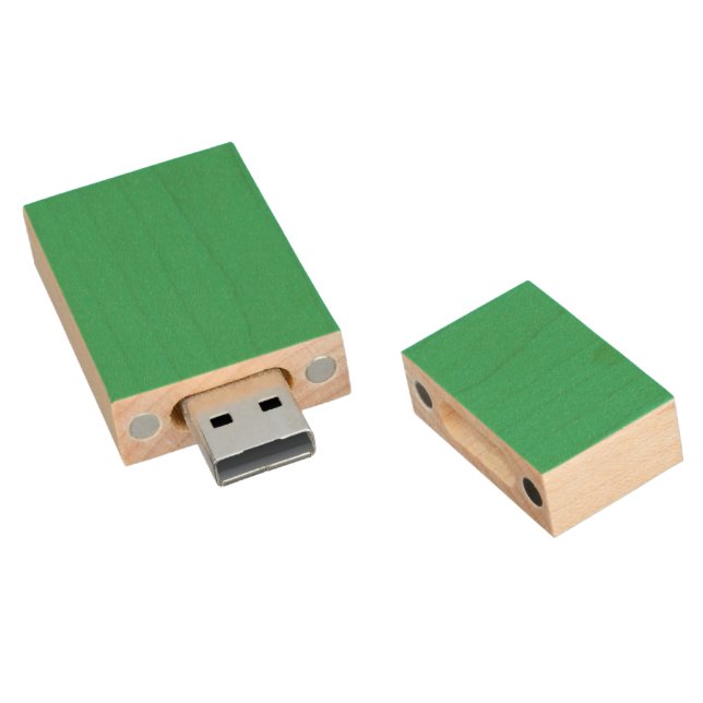 A solid green square positioned on a white backdro wood flash drive (Angled)