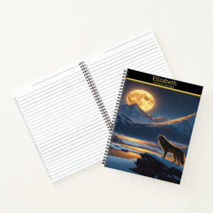 A solitary wolf serenades the full moon at night notebook