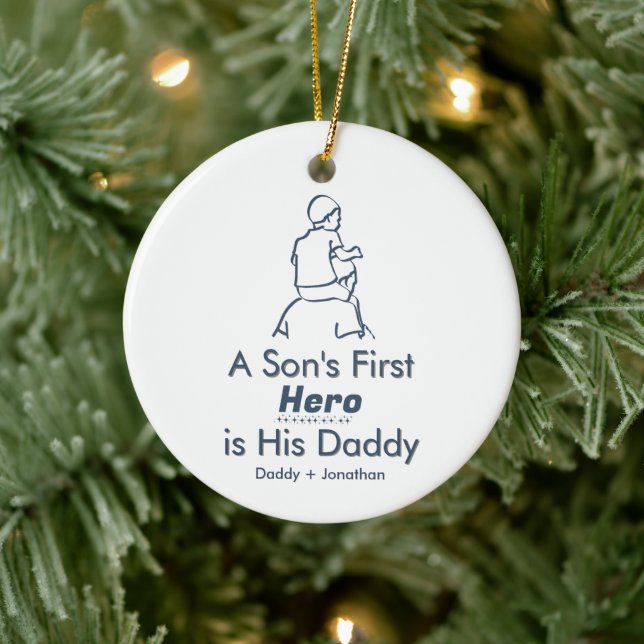 A Son's First Hero, Father son on  1-Photo  Ceramic Ornament (Tree)