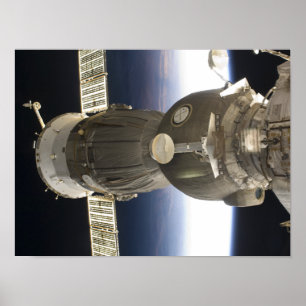 A Soyuz spacecraft backdropped by Earth Poster