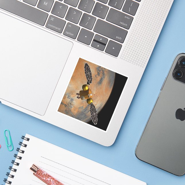 A Spacecraft Orbiting Mars. Sticker (Laptop w/ iPhone)