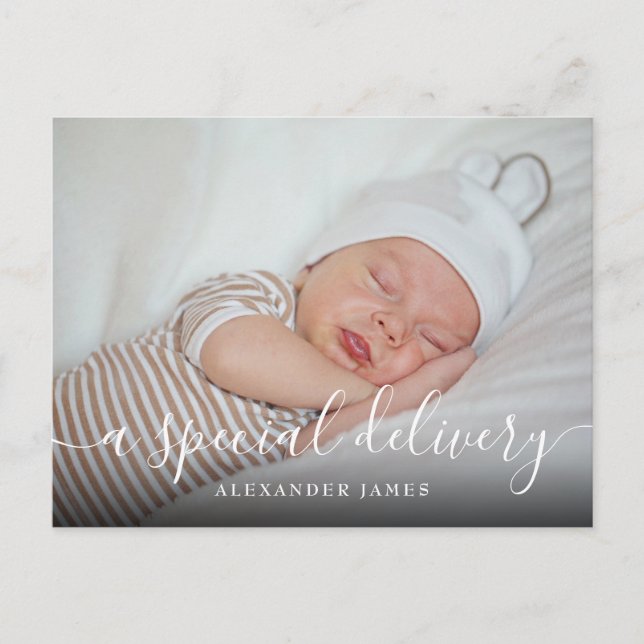 A Special Delivery Baby Boy Photo Script Birth Announcement Postcard (Front)