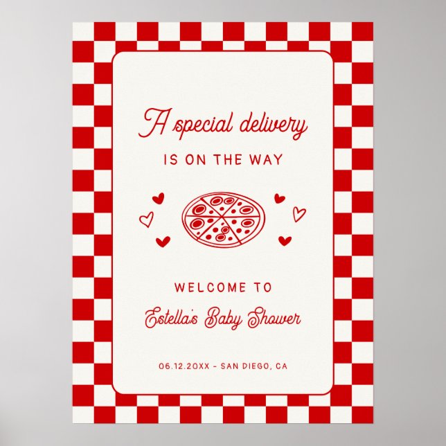 A Special Delivery Pizza Baby Shower Welcome Poster (Front)