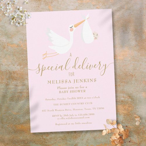 A Special Delivery Stork Baby Shower Pink Invitation