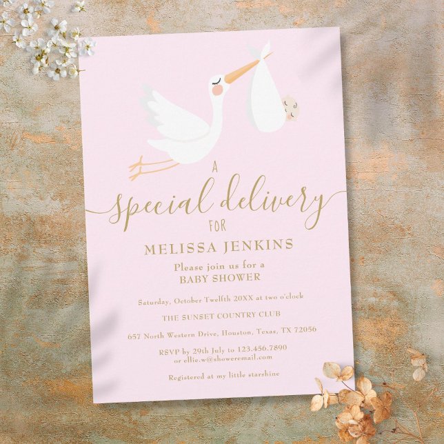 A Special Delivery Stork Baby Shower Pink Invitation (A Special Delivery Stork Baby Shower / Sprinkle Invitation)