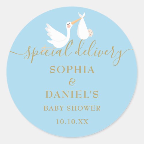 A Special Delivery Stork Couples Baby Shower Classic Round Sticker