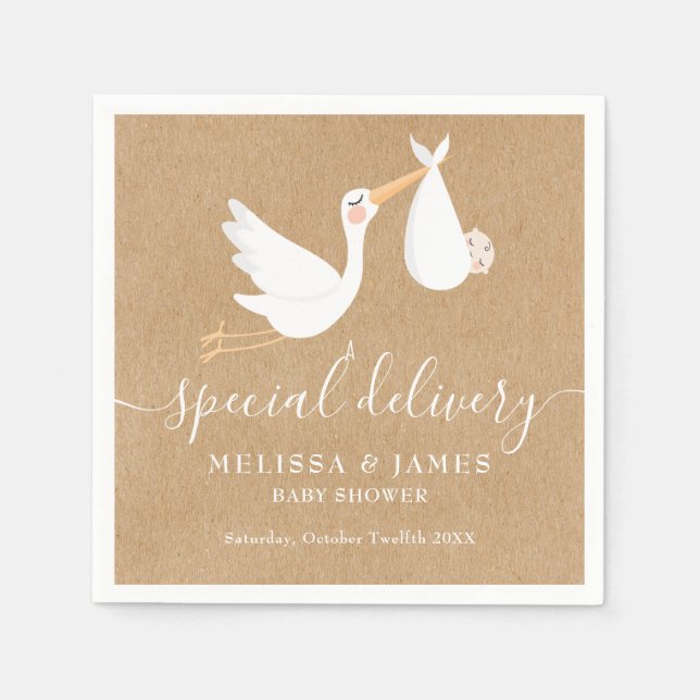 A Special Delivery Stork Couples Baby Shower Napkins (Front)