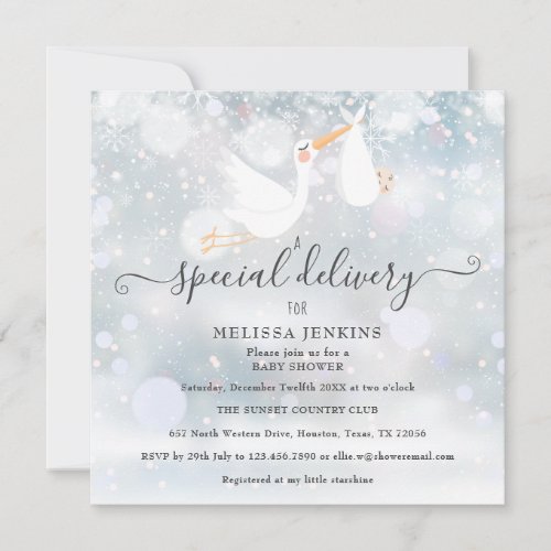 A Special Delivery Stork Winter Baby Shower Invitation