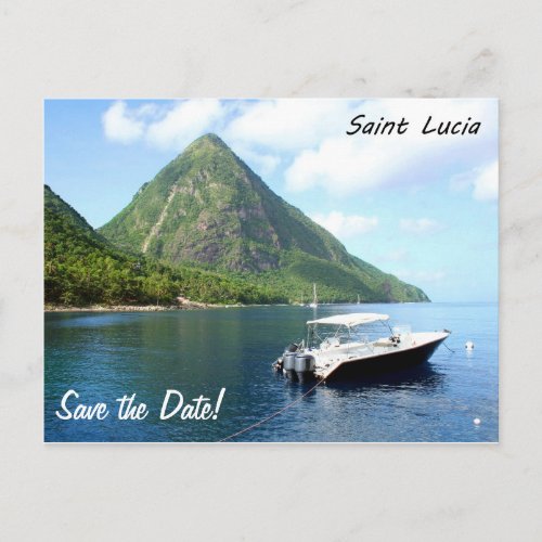 A speedboat in front of the Pitons in Saint Lucia Announcement Postcard