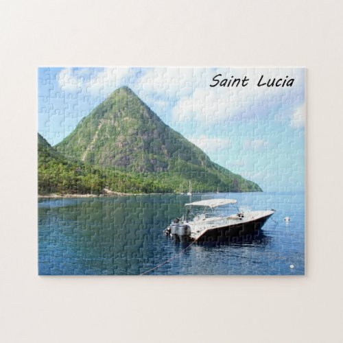A speedboat in front of the Pitons in Saint Lucia Jigsaw Puzzle