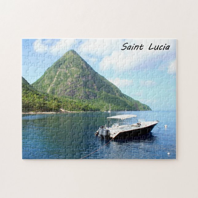 A speedboat in front of the Pitons in Saint Lucia Jigsaw Puzzle (Horizontal)