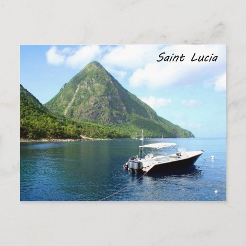 A speedboat in front of the Pitons in Saint Lucia Postcard