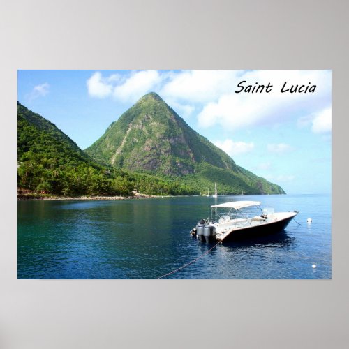 A speedboat in front of the Pitons in Saint Lucia Poster