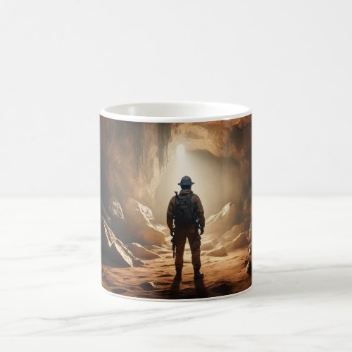 A speleologist stands in a cave and looks around coffee mug