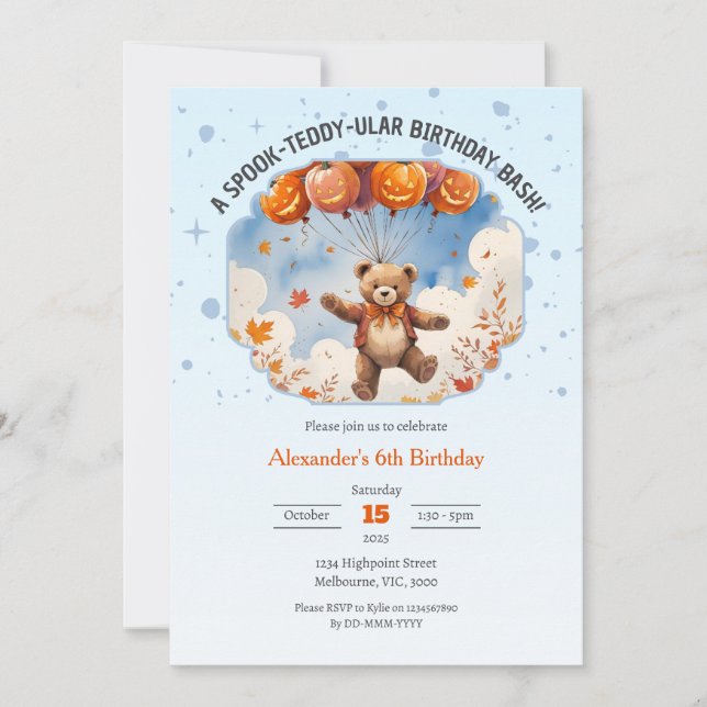 A Spook-Teddy-ular Birthday Bash Boys  Invitation (Front)