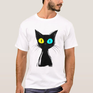 A spooky black cat with left blue and right yellow T-Shirt