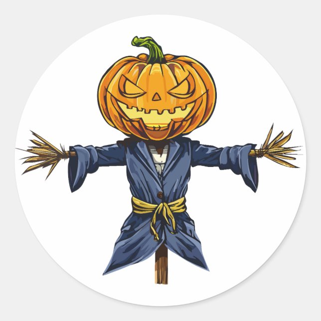 A spooky Halloween scarecrow with a glowing pumpki Classic Round Sticker (Front)
