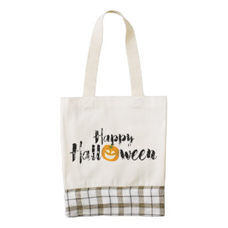 A spooky Happy Halloween Text with pumpkin Custom Zazzle HEART Tote Bag