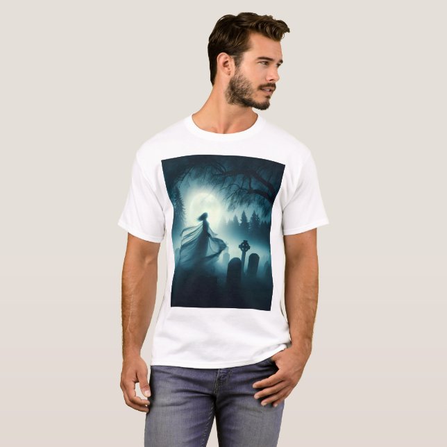 a spooky scene of a woman ghost in a graveyard T-Shirt (Front Full)