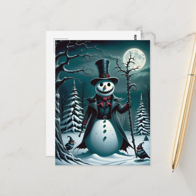 A Spooky Snowman with Birds Postcard (Front/Back In Situ)