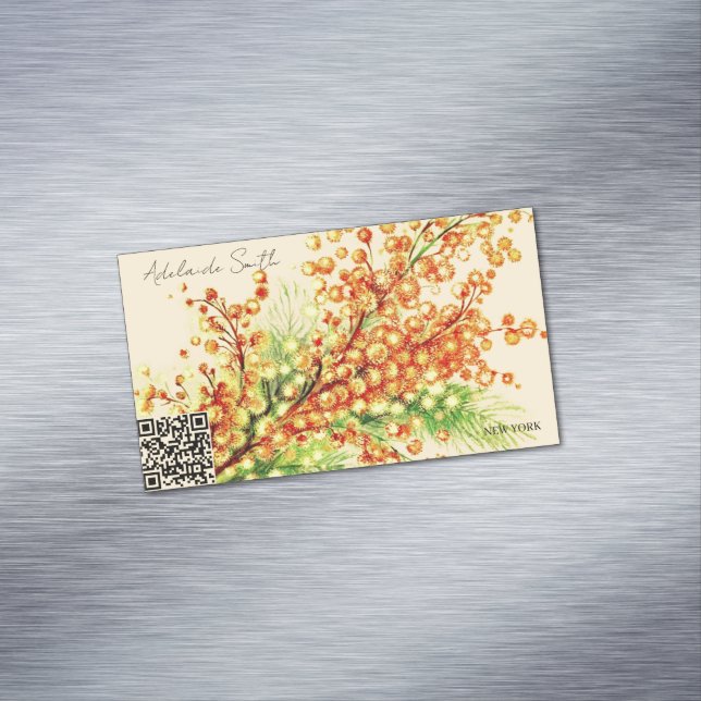 a spring branch of mimosa, bright, yellow business card magnet (In Situ)