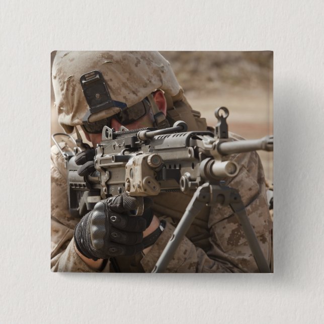 A squad automatic weapon gunner provides securi pinback button (Front)