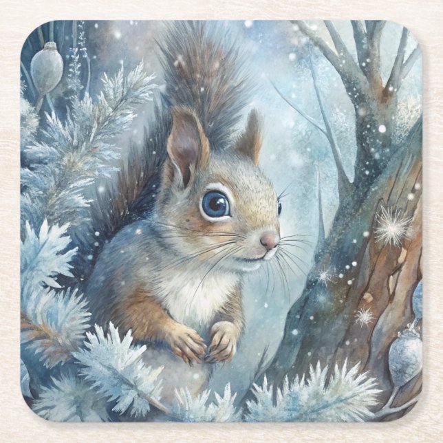 A Squirrel in Winter Square Paper Coaster (Front)