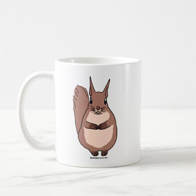 a squirrel standing just tightly in one's hand coffee mug (Left)