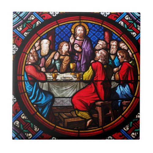 A stained glass image of the last supper ceramic tile