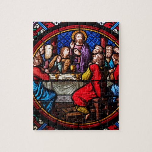 A stained glass image of the last supper jigsaw puzzle