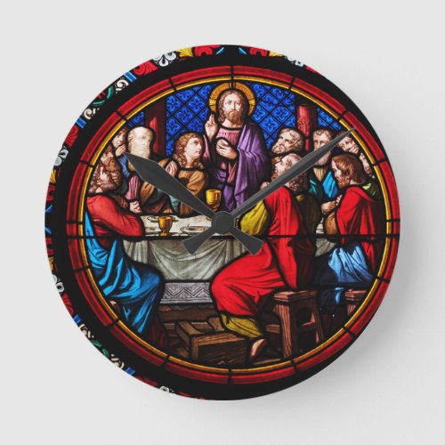 A stained glass image of the last supper round clock