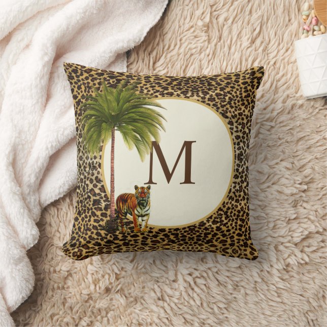 A Standing tiger on a leopard pattern Monogram Throw Pillow (Blanket)
