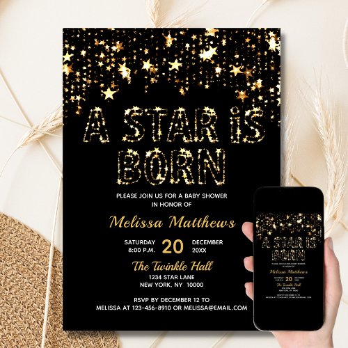 A STAR IS BORN Gold Black Baby Shower Invitation