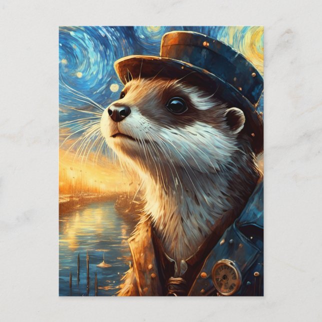 A Steampunk Otter in The Starry Night Postcard (Front)