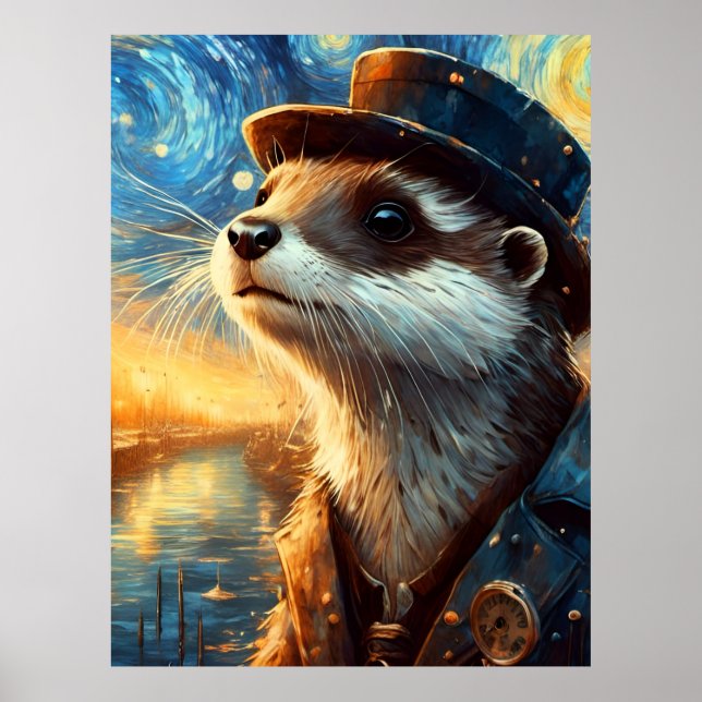 A Steampunk Otter in The Starry Night Poster (Front)
