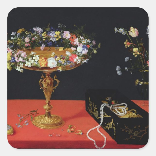 A Still Life of a Tazza with Flowers Square Sticker (Front)