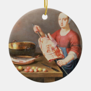 A Still Life of Meat and Fish with a Cook Ceramic Ornament