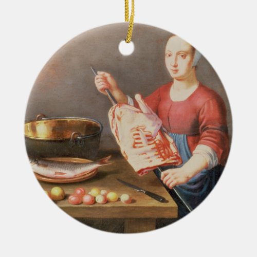 A Still Life of Meat and Fish with a Cook Ceramic Ornament