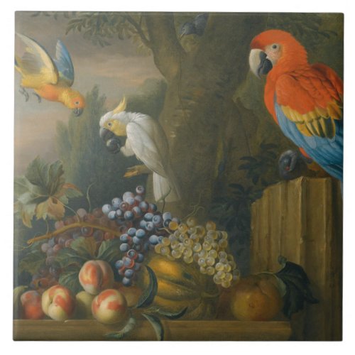 A Still Life With Fruit Parrots And a Cockatoo Ceramic Tile