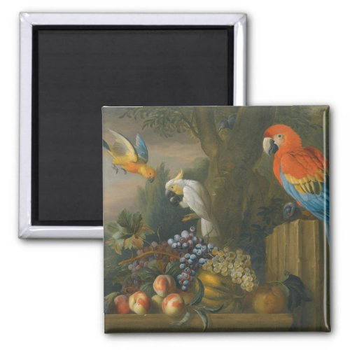 A Still Life With Fruit Parrots And a Cockatoo Magnet
