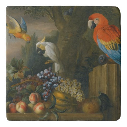 A Still Life With Fruit Parrots And a Cockatoo Trivet