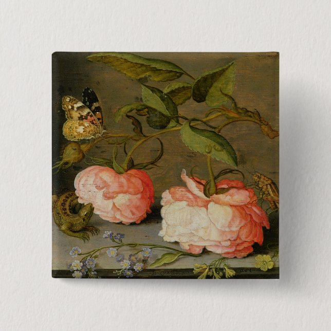 A Still Life with Roses on a Ledge Button (Front)