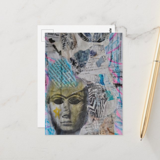 A stone face Abstract Mixed Media Collage Postcard (Front/Back In Situ)