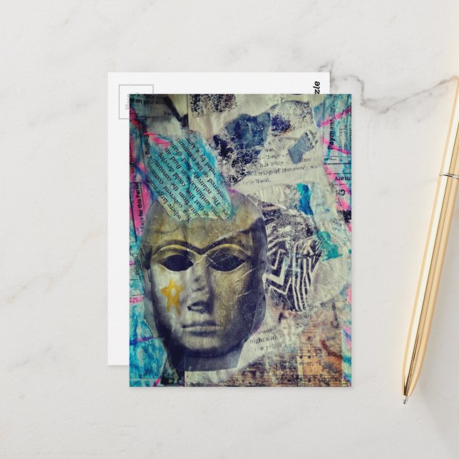 A stone lady face Abstract Mixed Media Collage Postcard (Front/Back In Situ)