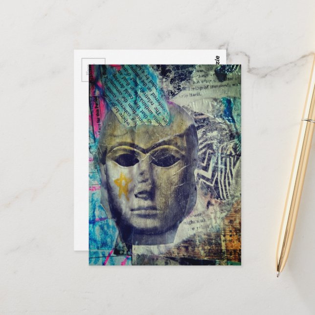 A stone lady face Abstract Mixed Media Collage Postcard (Front/Back In Situ)