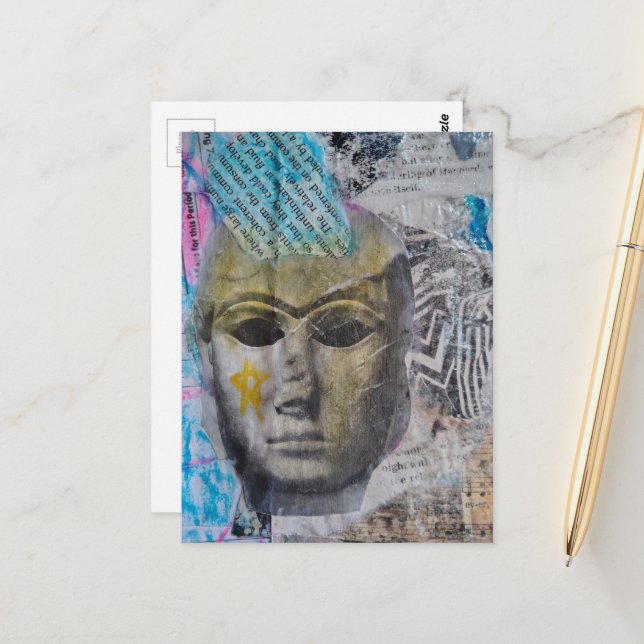 A stone lady face Abstract Mixed Media Collage Postcard (Front/Back In Situ)