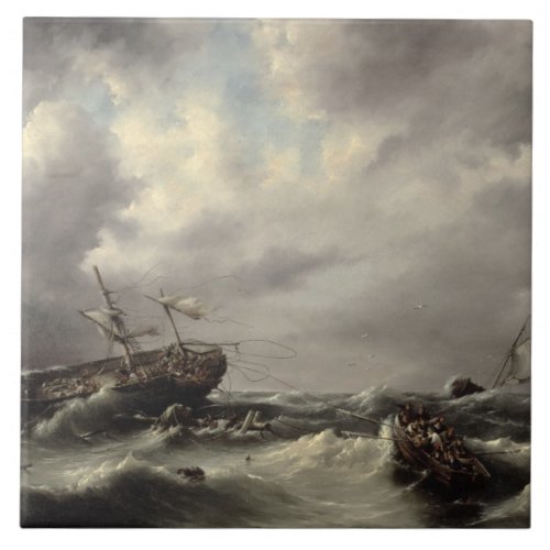 A Storm at Sea oil on panel Tile