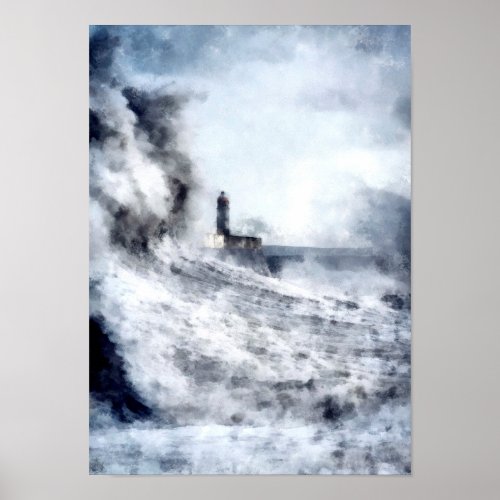 A stormy ocean surrounds a lighthouse Landscape Poster