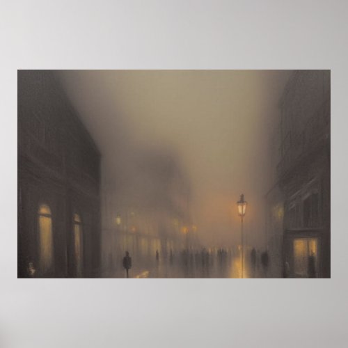 A street in Paris fog winter rain street lamps Poster